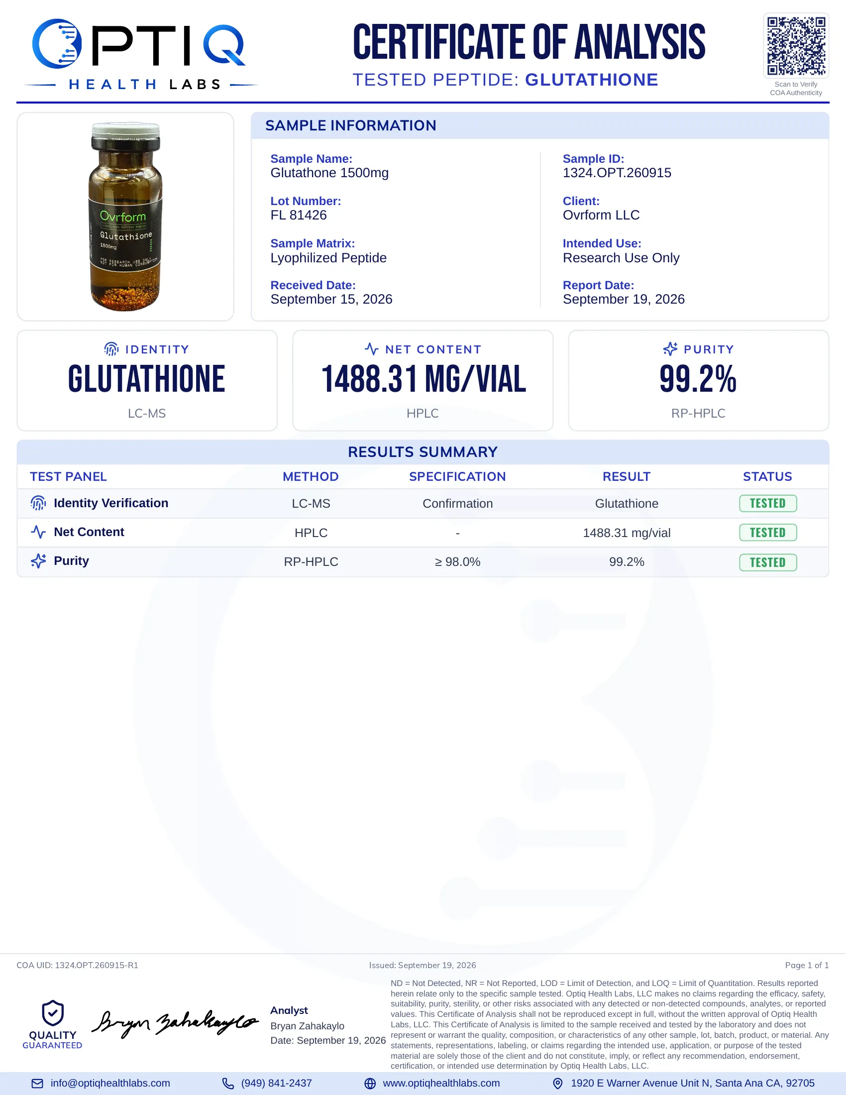Certificate of analysis for Glutathione, sample 1324.OPT.260915
