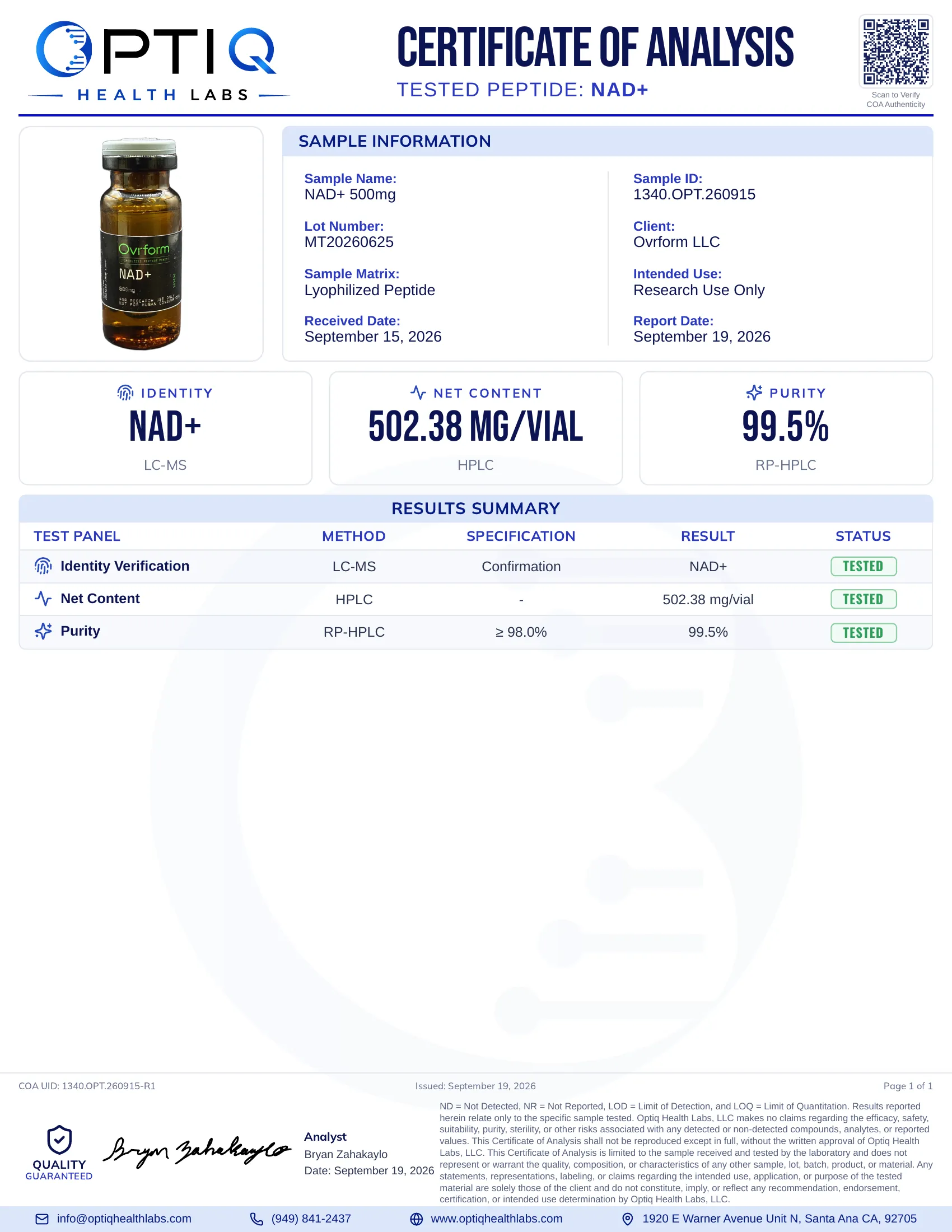 Certificate of analysis for NAD+, sample 1340.OPT.260915