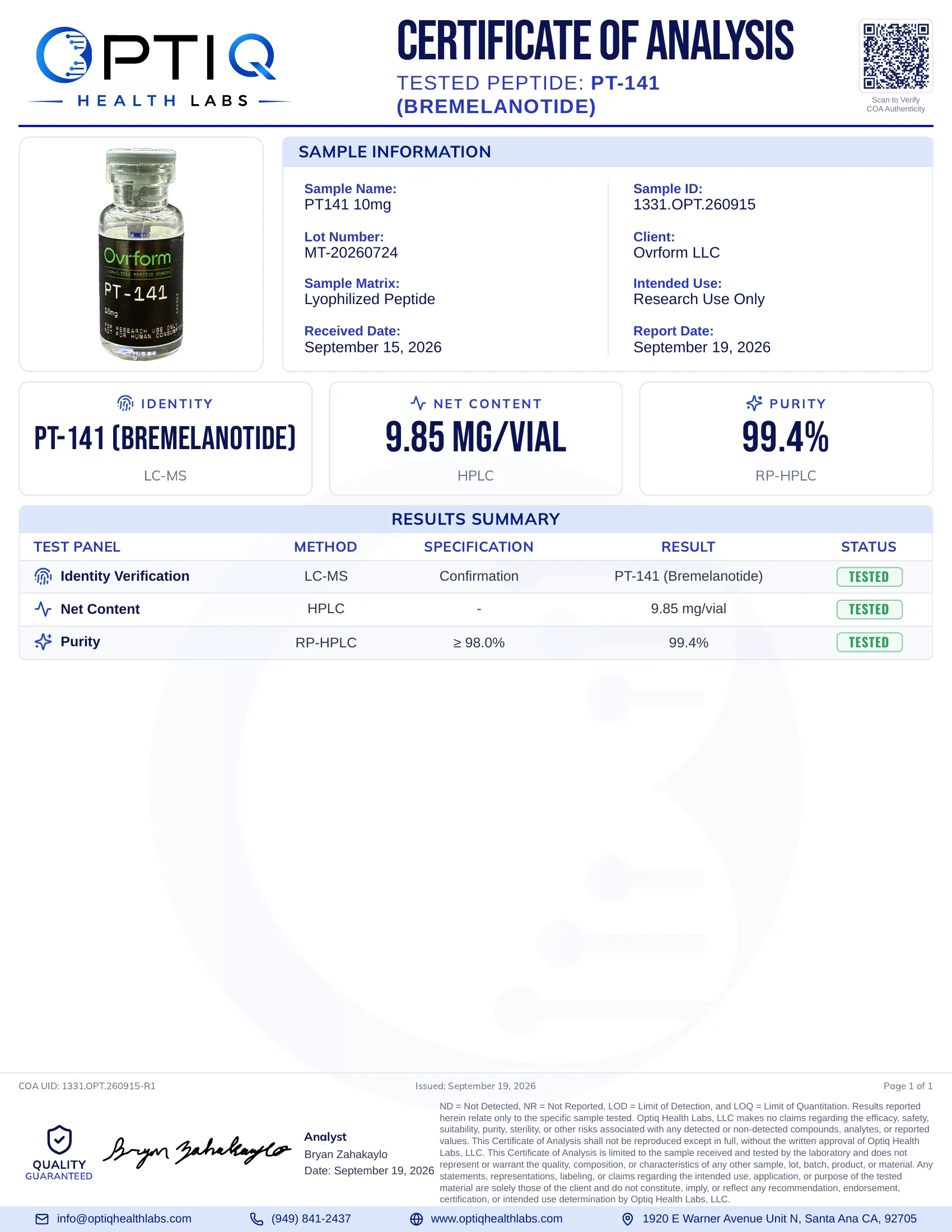 Certificate of analysis for PT-141, sample 1331.OPT.260915