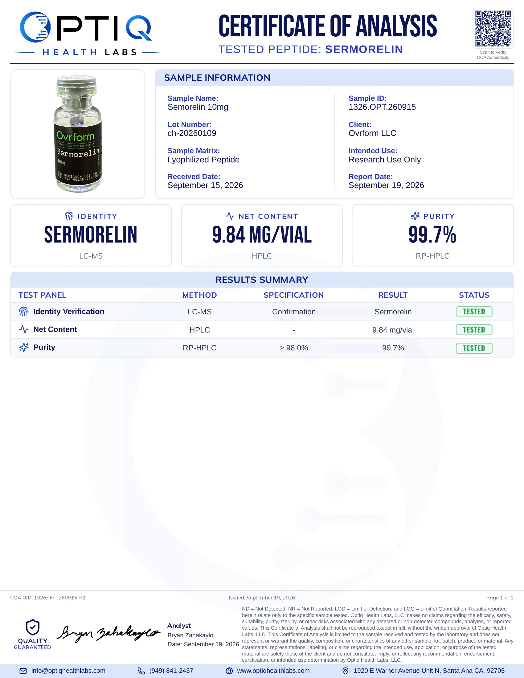 Certificate of analysis for Sermorelin, sample 1326.OPT.260915