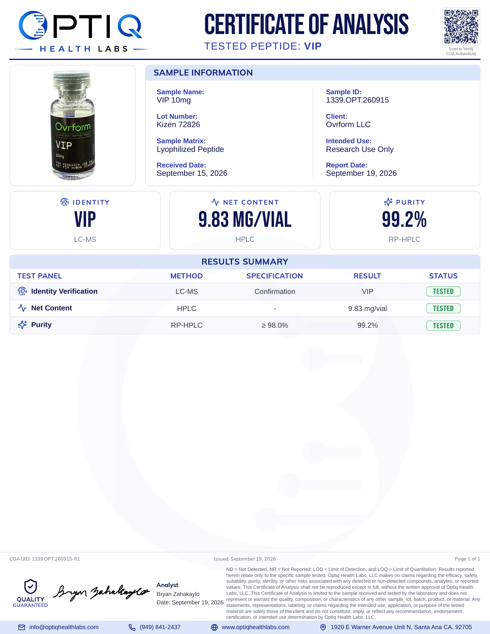 Certificate of analysis for VIP, sample 1339.OPT.260915